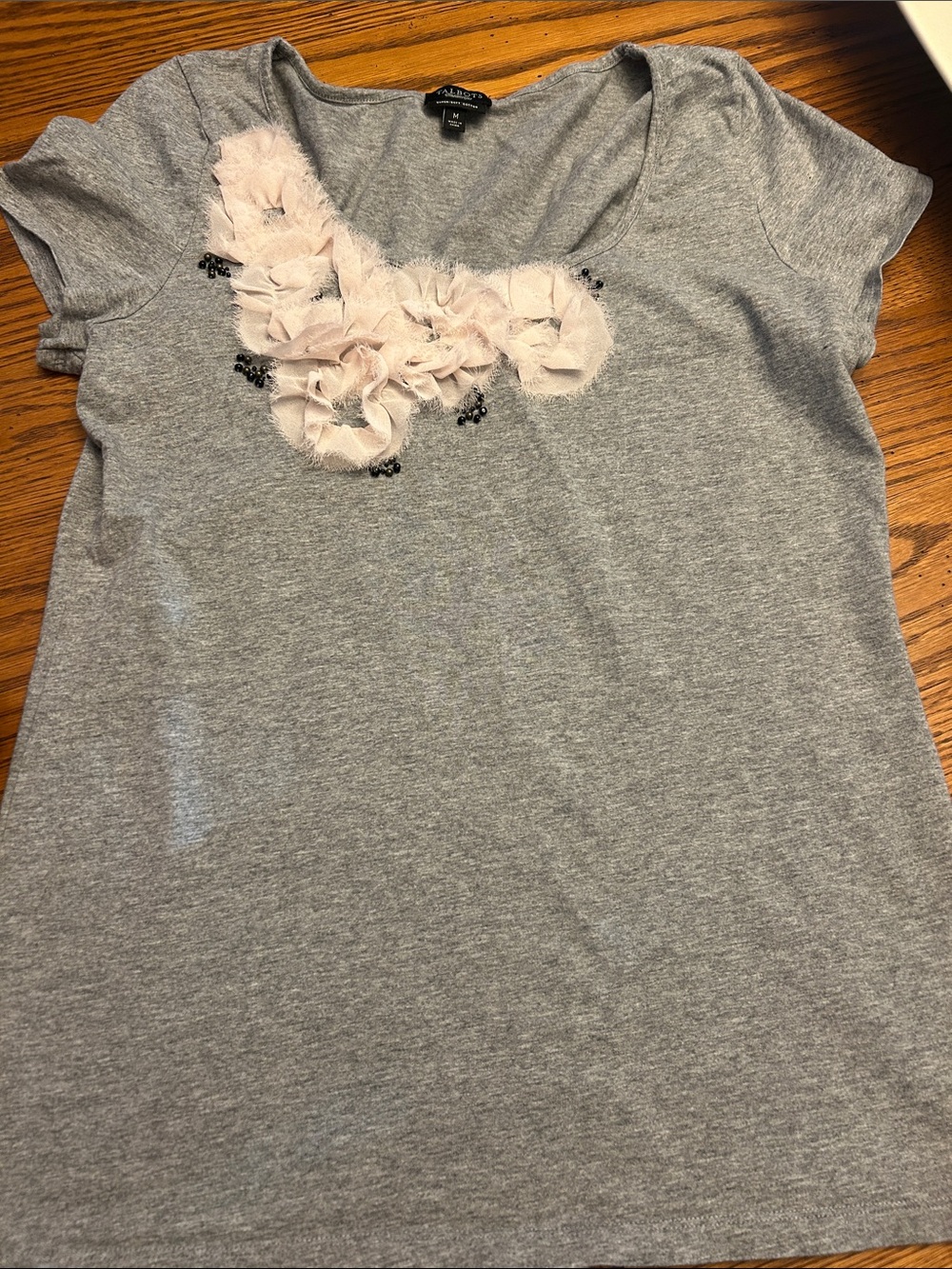 Talbots Gray Short Sleeve Tee with Blush Floral Appliqués